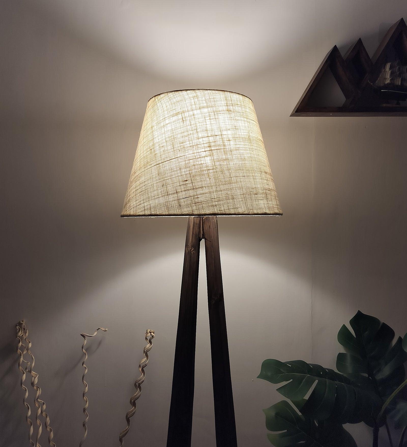 Zoe Wooden Floor Lamp with Brown Base and Jute Fabric Lampshade - WoodenTwist