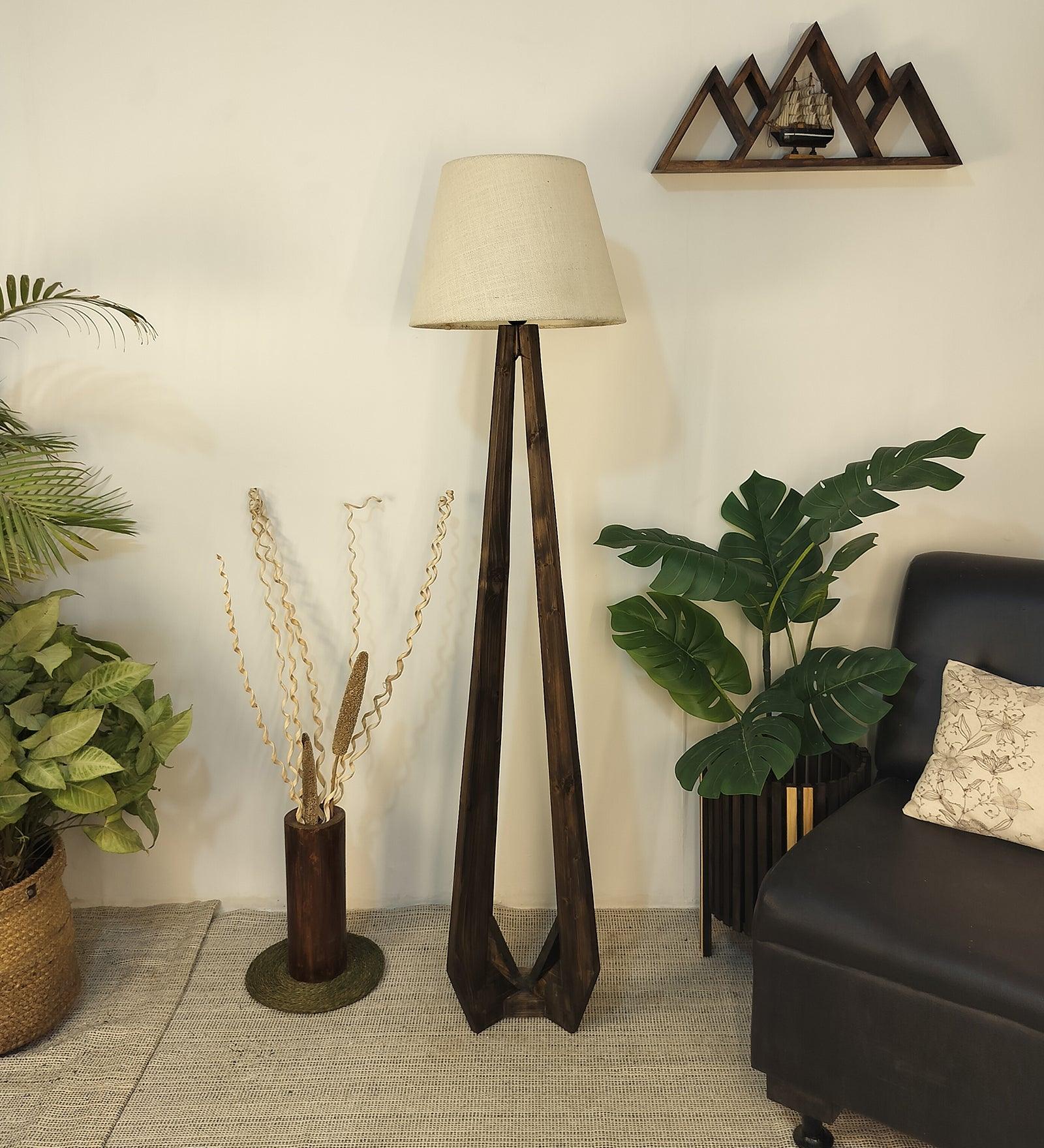 Zoe Wooden Floor Lamp with Brown Base and Jute Fabric Lampshade - WoodenTwist