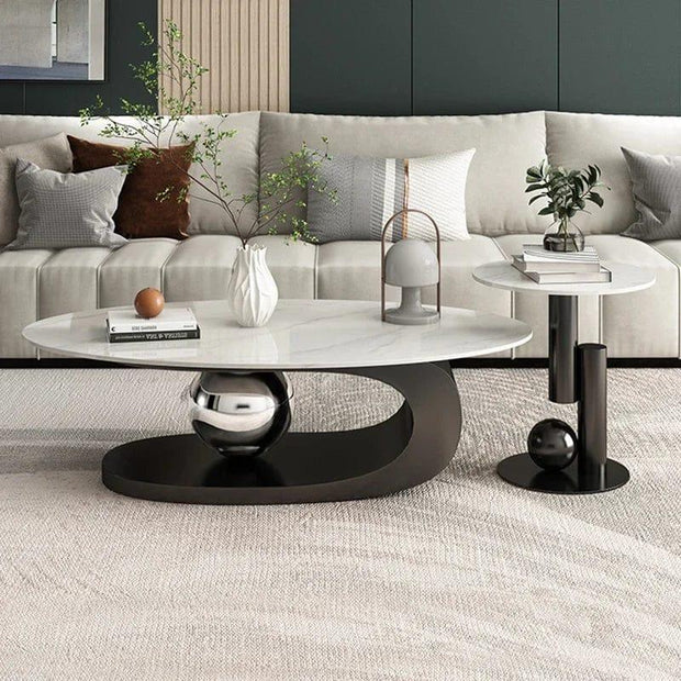Luxurious Black Nickel Centre Table Set of 2 With White Marble Top