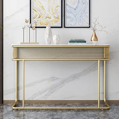 Luxurious Rectangle Iron Console Table with White Marble Top - White