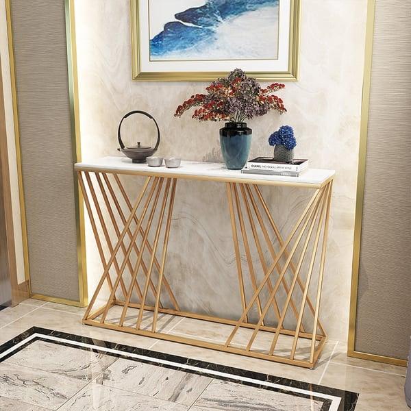 Opulent Golden Console Table - Modern Rectangular Marble Top - WoodenTwist