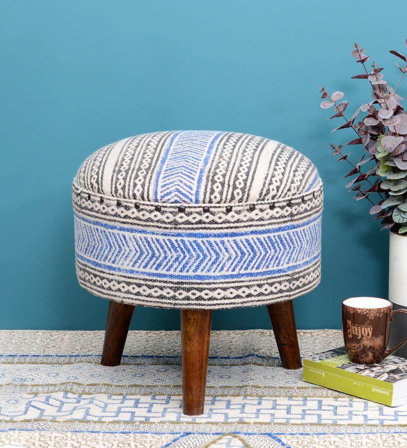 Mango Wood Foot Stool In Cotton Multicolour Colour - WoodenTwist