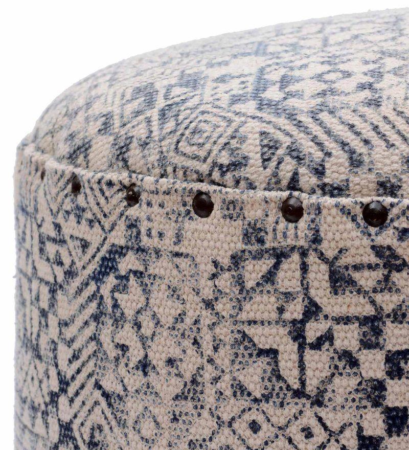 Mango Wood Foot Stool In Cotton Blue Colour - WoodenTwist