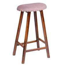 Curved Mango Wood Bar Stool In Velvet Pink Color - WoodenTwist