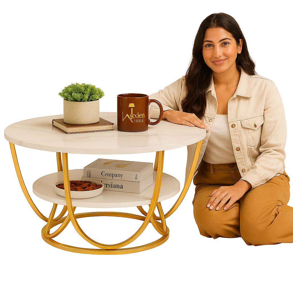 Woman sitting next to a round coffee table with decor items on a white background
