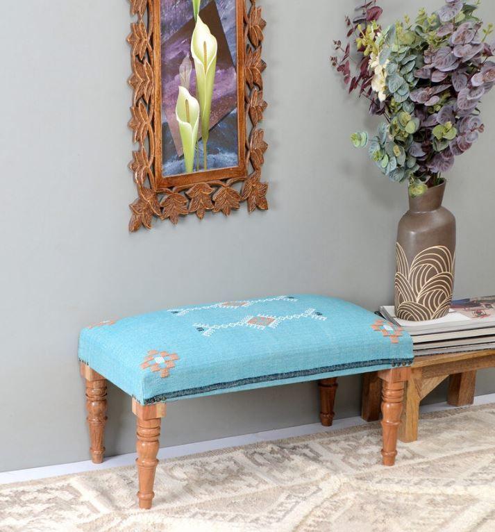 Mango Wood Bench In Cotton Blue Color - WoodenTwist