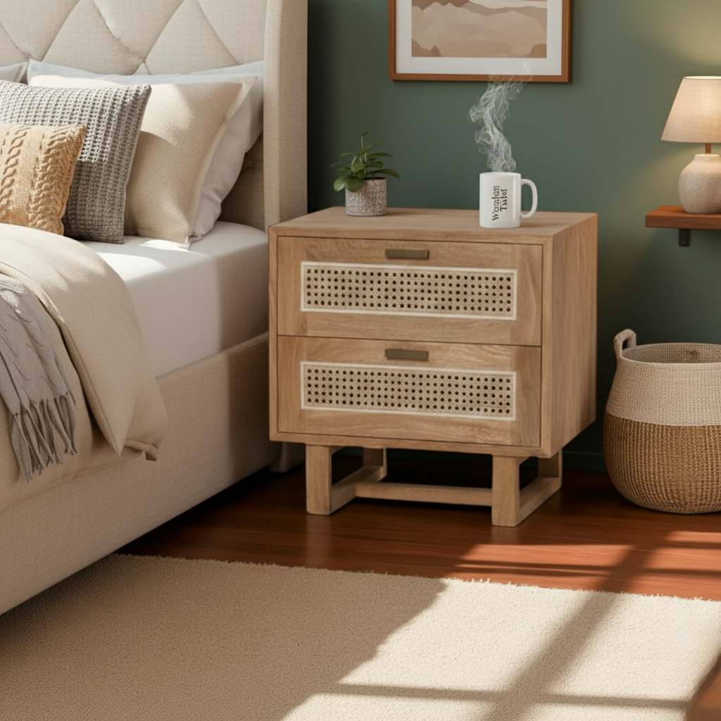 Wooden Twist Arnitra Modern Rattan Spline Bedside Table with 2 Spacious Storage Drawers Rustic Nightstand for Bedroom - Woode