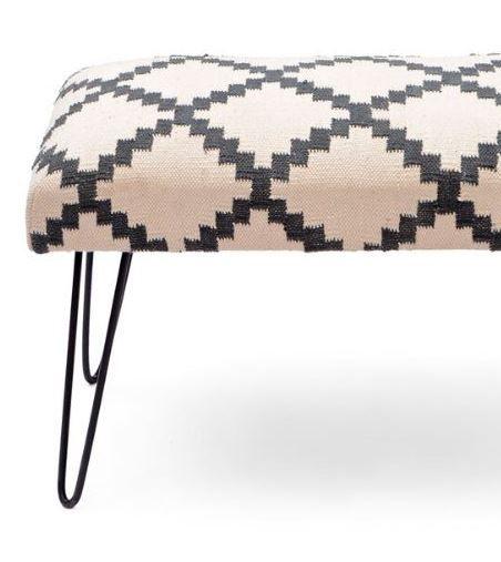 Mango Wood Bench In Cotton Black & White Colour With Metal Legs - WoodenTwist