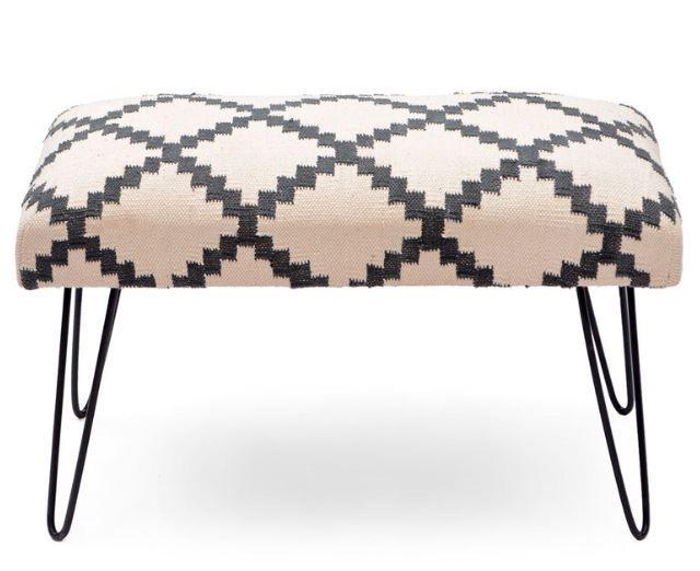 Mango Wood Bench In Cotton Black & White Colour With Metal Legs - WoodenTwist