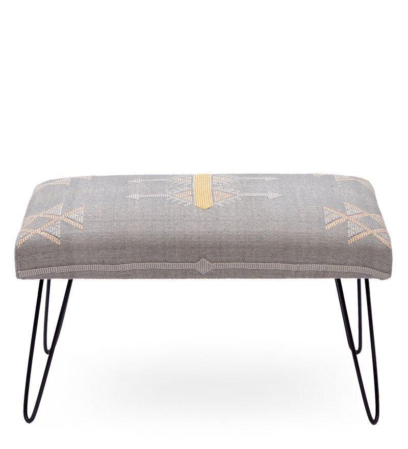 Mango Wood Bench In Cotton Grey Colour With Metal Legs - WoodenTwist