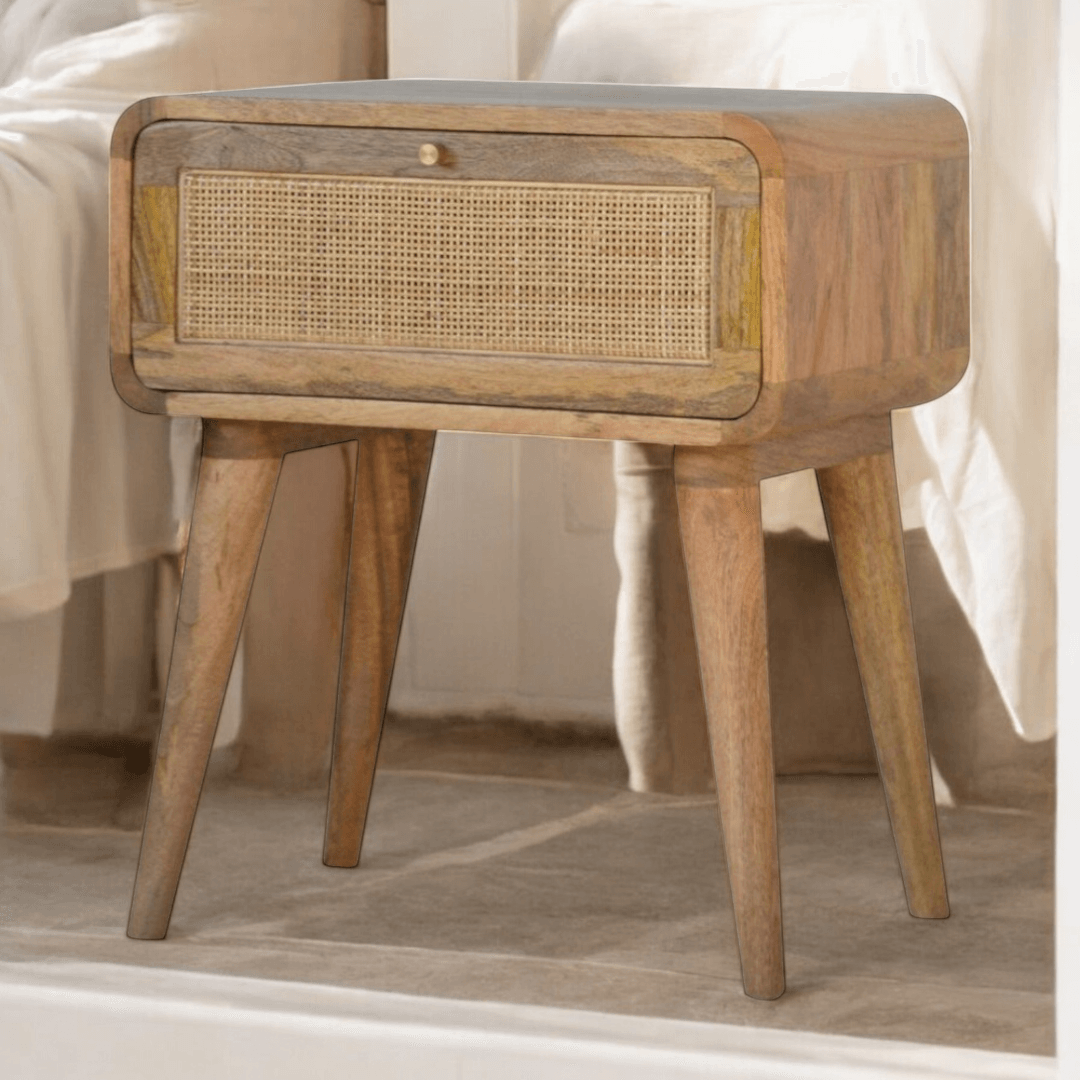 Acacia and rattan bedside table