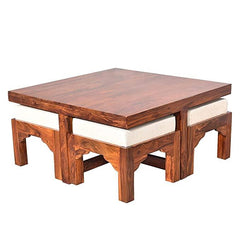 Square Shape Solid Wood Coffee Table with 4 Stools - WoodenTwist