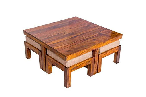 Square Shape Solid Wood Coffee Table with 4 Stools - WoodenTwist