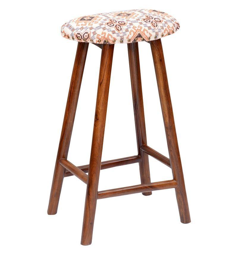 Curved Mango Wood Bar Stool In Cotton Brown Colour - WoodenTwist