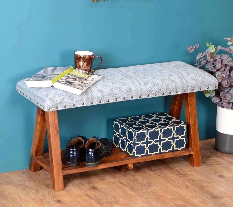 Mango Wood Bench In Cotton grey Colour - WoodenTwist