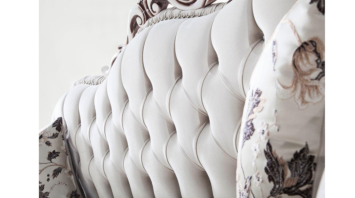 Wooden Twist Hand Craved Estilo Tufted Teak Wood 3 Seater Sofa Set ( Silver ) - WoodenTwist