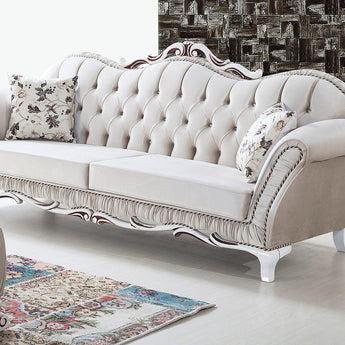 Wooden Twist Hand Craved Estilo Tufted Teak Wood 3 Seater Sofa Set ( Silver ) - WoodenTwist