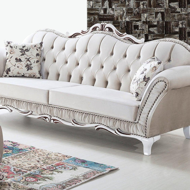 Wooden Twist Hand Craved Estilo Tufted Teak Wood 3 Seater Sofa Set ( Silver ) - WoodenTwist