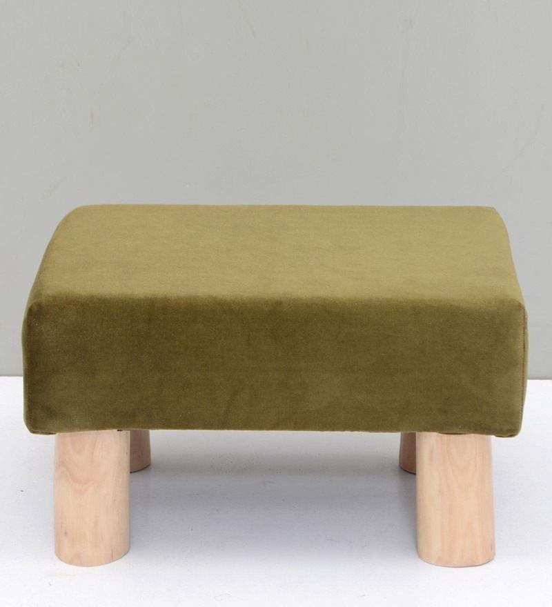 Solid Wood Foot Stool In Velvet Green Colour - WoodenTwist