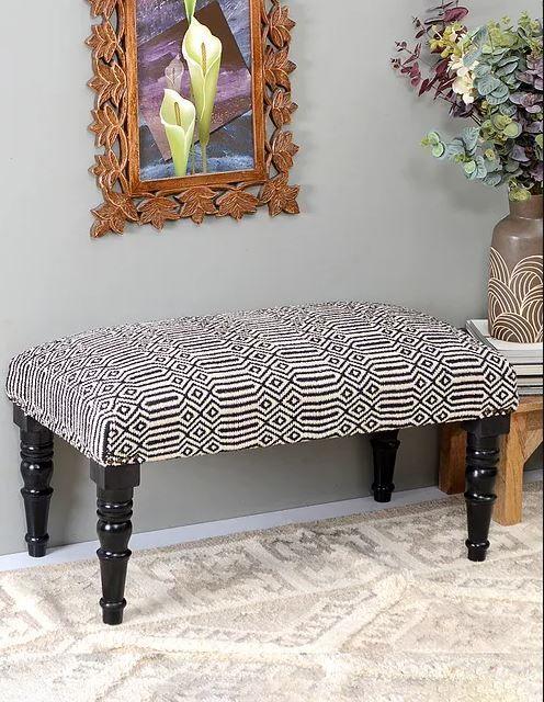 Mango Wood Bench In Cotton Black Colour - WoodenTwist