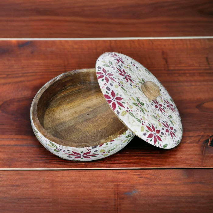 Wooden Twist Floral Printed Round Acacia Wood Chapati Box - WoodenTwist