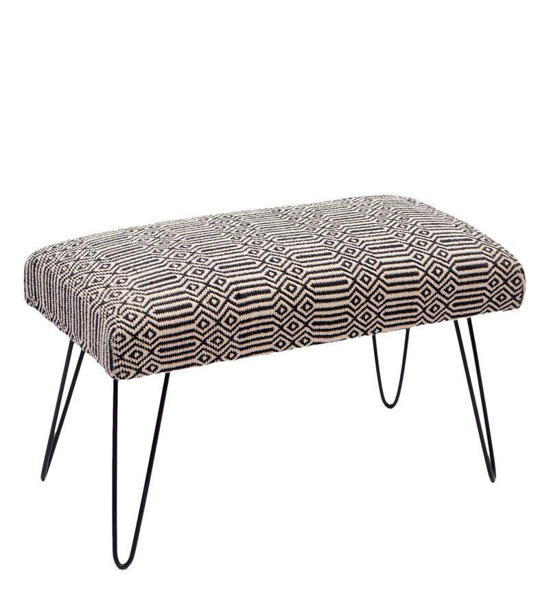 Mango Wood Bench In Cotton Black Colour With Metal Legs - WoodenTwist