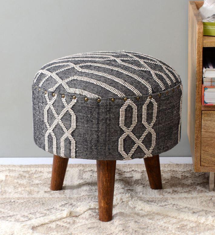 Mango Wood Foot Stool In Cotton Black Colour - WoodenTwist