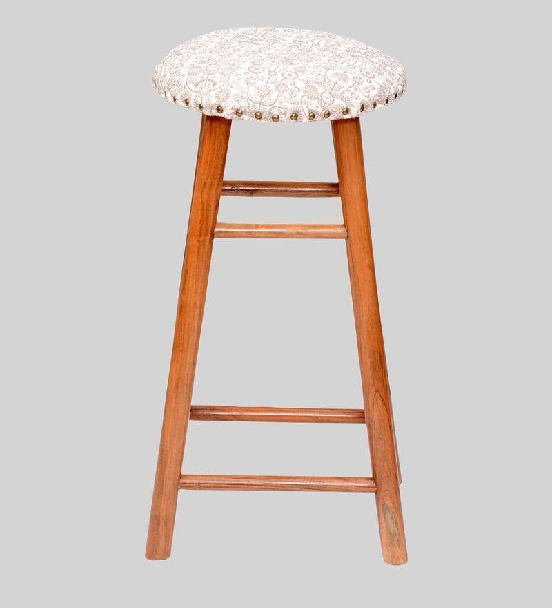 Round Mango Wood Bar Stool In Cotton Brown Colour - WoodenTwist