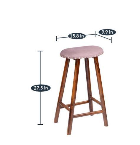 Curved Mango Wood Bar Stool In Velvet Pink Color - WoodenTwist