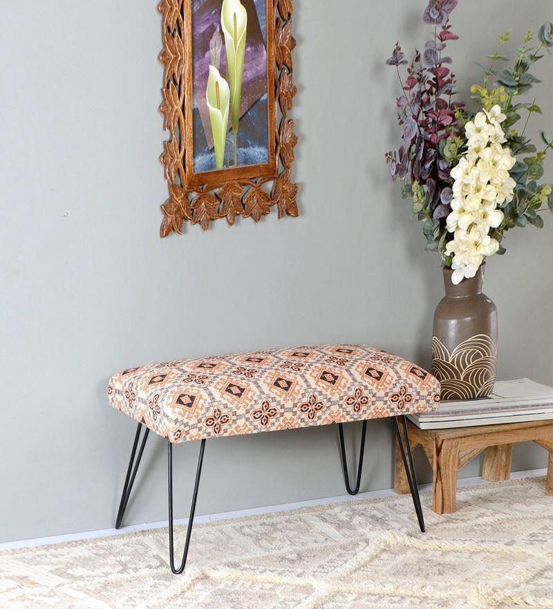 Mango Wood Bench In Cotton Multicolour With Metal Legs - WoodenTwist