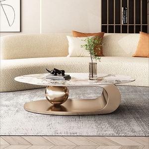 Golden Oval Ball Centre Table with White Marble Top