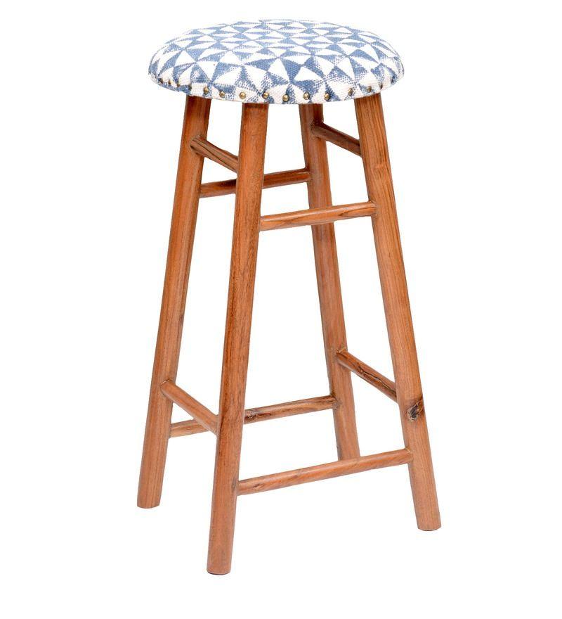 Round Mango Wood Bar Stool In Cotton Blue Colour - WoodenTwist