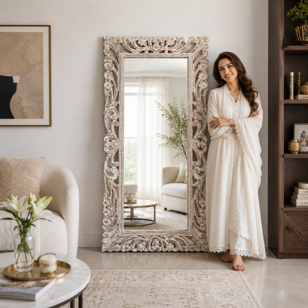 Wooden Twist Antique Traditional Floral Design Mango Wood Hand Carved Decorative Wall Standing Frame ( Without Mirror ) - Woo