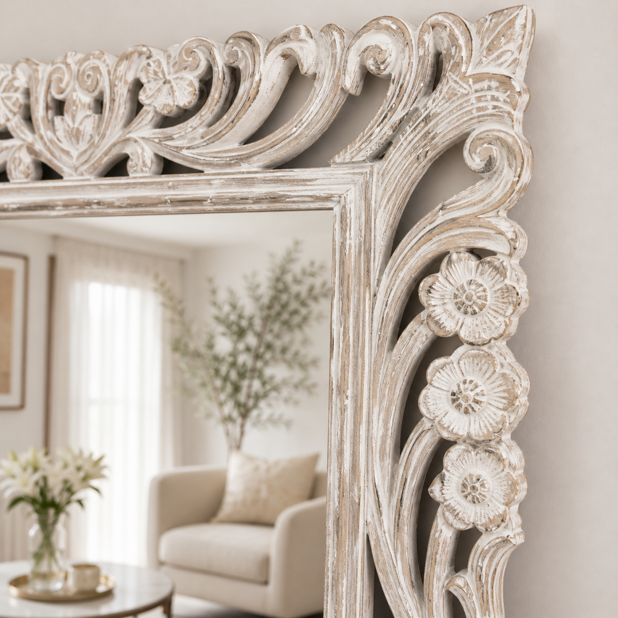 Wooden Twist Antique Traditional Floral Design Mango Wood Hand Carved Decorative Wall Standing Frame ( Without Mirror ) - Woo