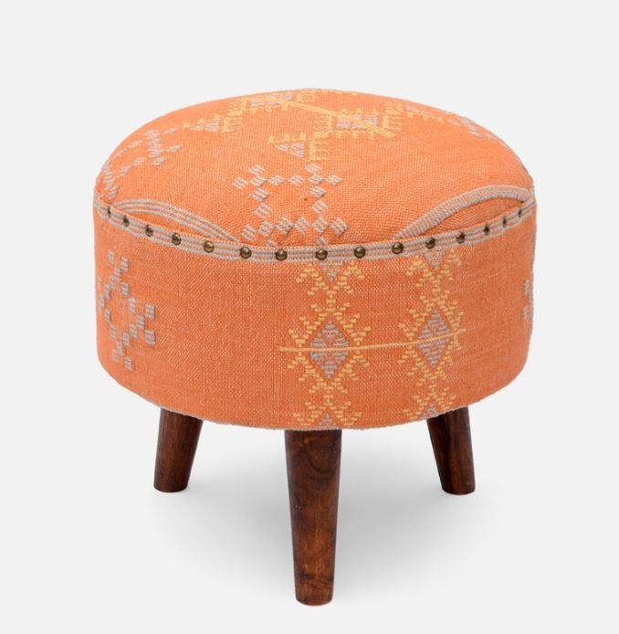 Mango Wood Foot Stool In Cotton Orange Colour - WoodenTwist