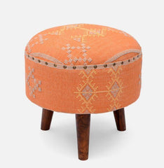 Mango Wood Foot Stool In Cotton Orange Colour - WoodenTwist