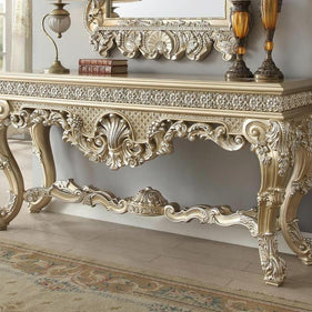 Wooden Twist Hand Carved Traditional Style Teak Wood Console Table With Mirror Silver Leaf (Golden Finish) - WoodenTwist