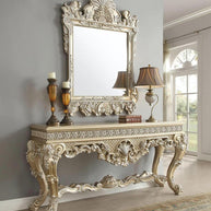 Wooden Twist Hand Carved Traditional Style Teak Wood Console Table With Mirror Silver Leaf (Golden Finish) - WoodenTwist