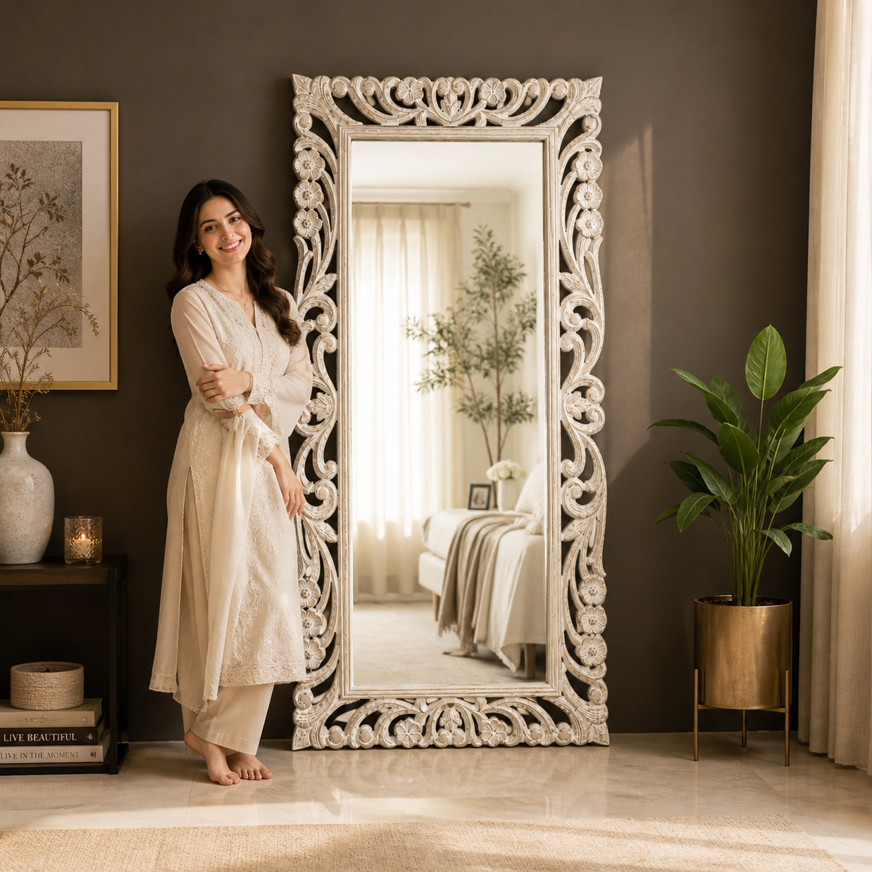 Wooden Twist Antique Traditional Floral Design Mango Wood Hand Carved Decorative Wall Standing Frame ( Without Mirror ) - Woo