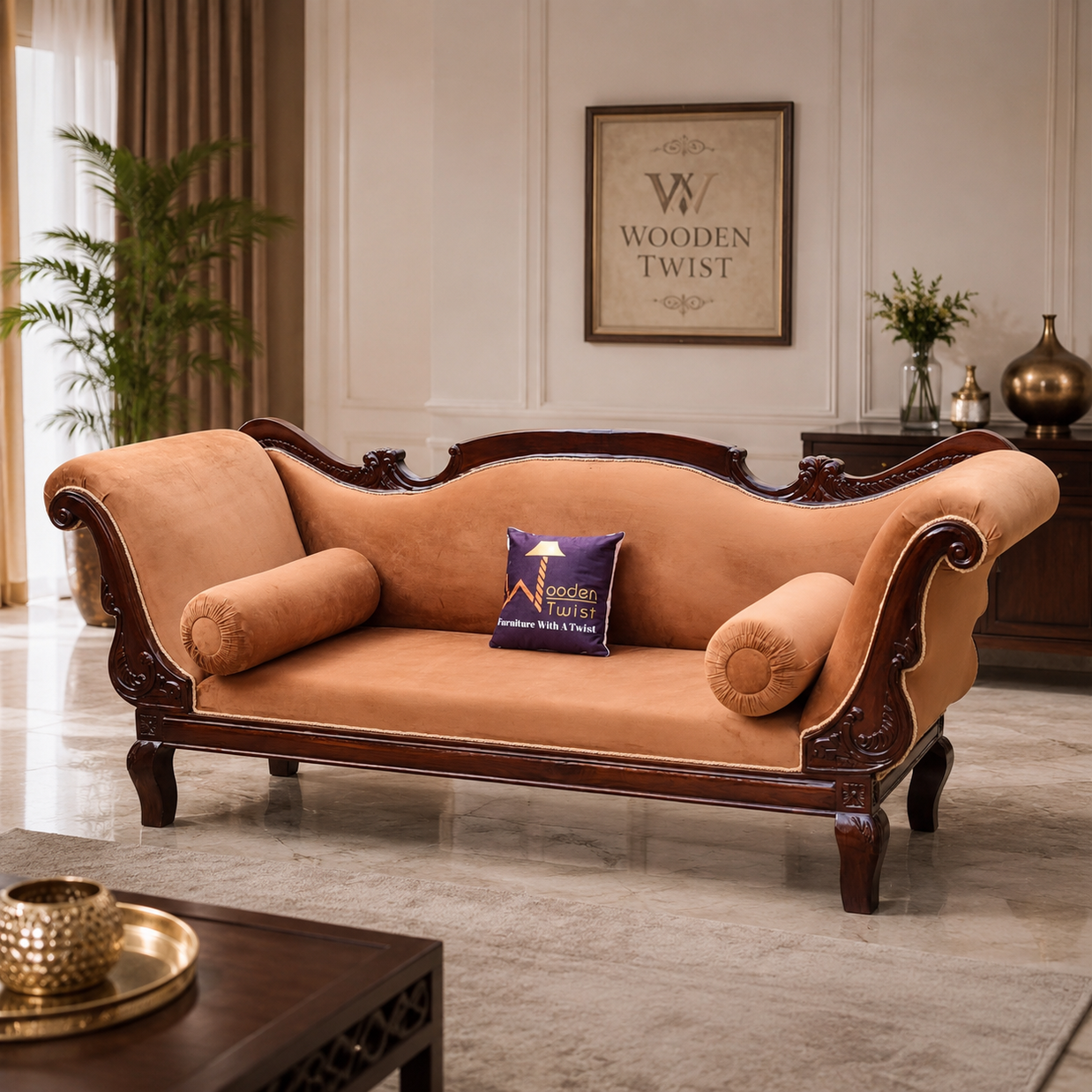 Wooden Chaise Lounge Couch for Living Room (Brown Walnut)