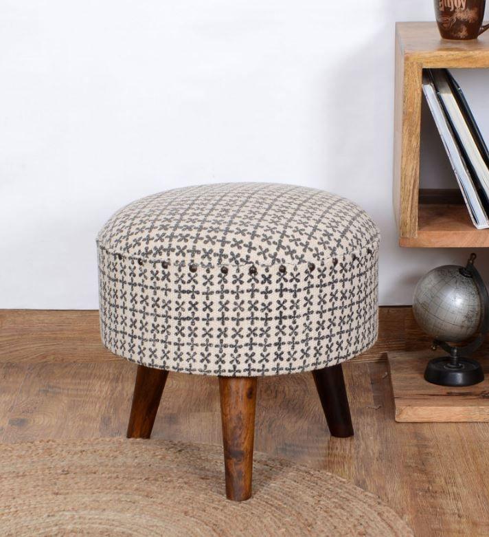 Mango Wood Foot Stool In Cotton Black Colour - WoodenTwist