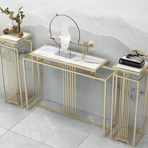 Luxurious Modern Rectangle Console Table Set with White Marble Top and Storage Box (White & Golden) - 3 Piece Set - WoodenTwist