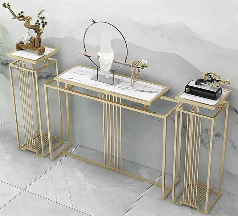 Luxurious Modern Rectangle Console Table Set with White Marble Top and Storage Box (White & Golden) - 3 Piece Set - WoodenTwist