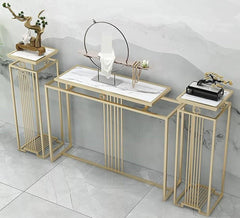 Luxurious Modern Rectangle Console Table Set with White Marble Top and Storage Box (White & Golden) - 3 Piece Set - WoodenTwist