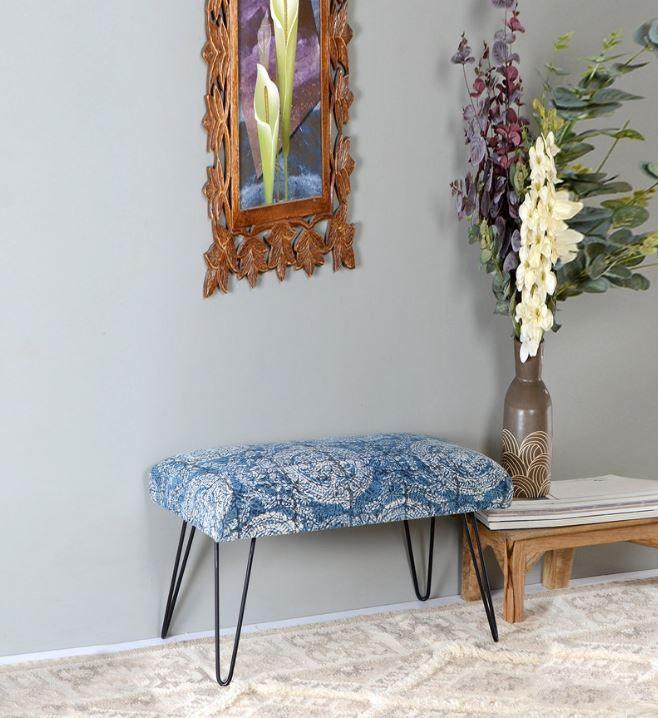 Mango Wood Bench In Cotton Navy Blue Colour With Metal Legs - WoodenTwist