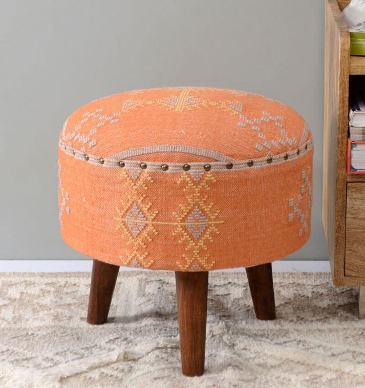 Mango Wood Foot Stool In Cotton Orange Colour - WoodenTwist