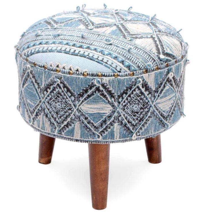 Mango Wood Foot Stool In Cotton Blue Colour - WoodenTwist