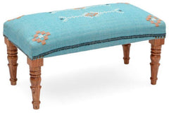 Mango Wood Bench In Cotton Blue Color - WoodenTwist