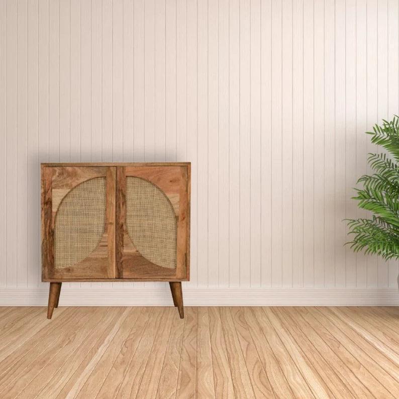 Acacia wood sideboard with rattan leaf design