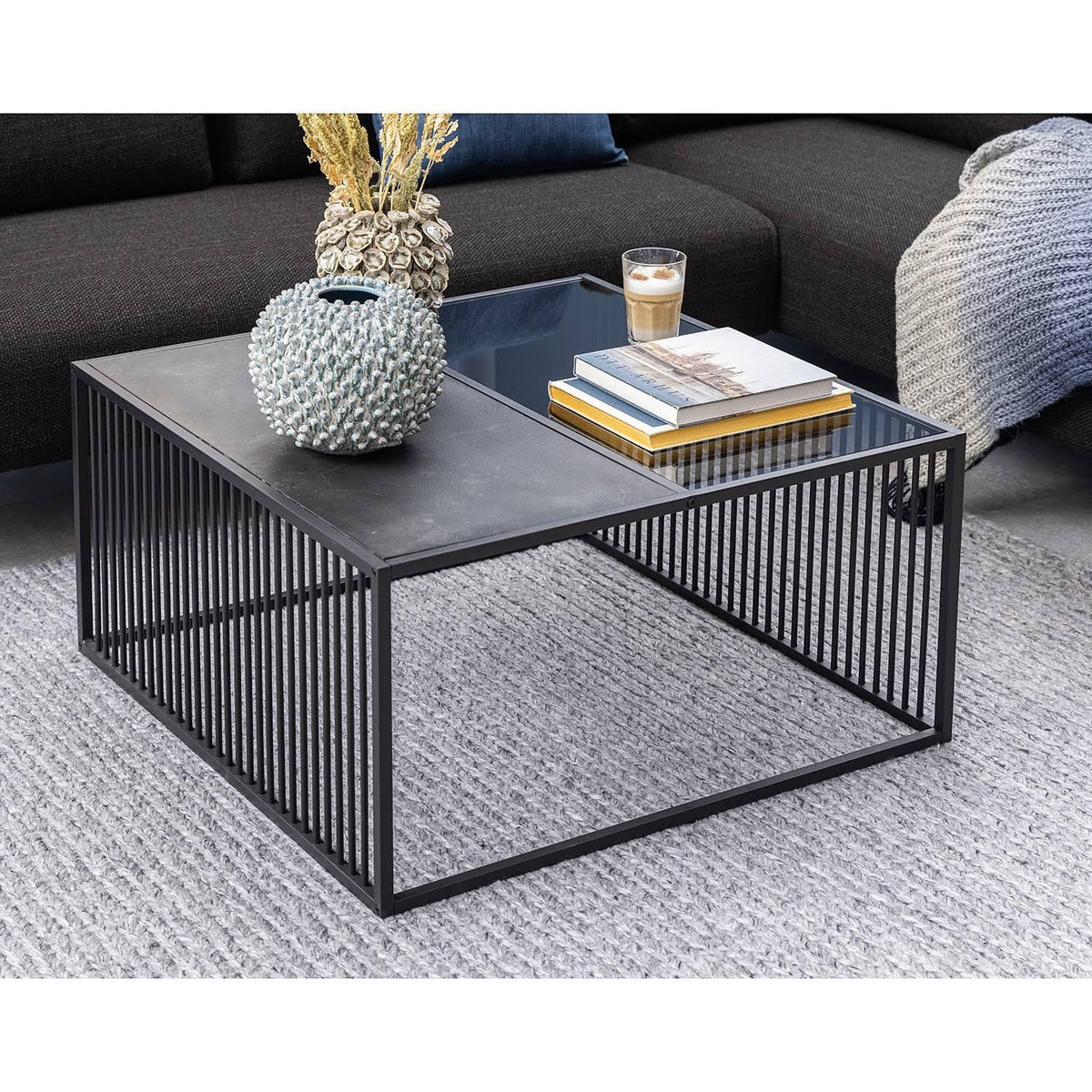 Handcrafted Square Box Black Metal Coffee Table | 24” Marble & Glass Top | Modern Living Room Accent Table